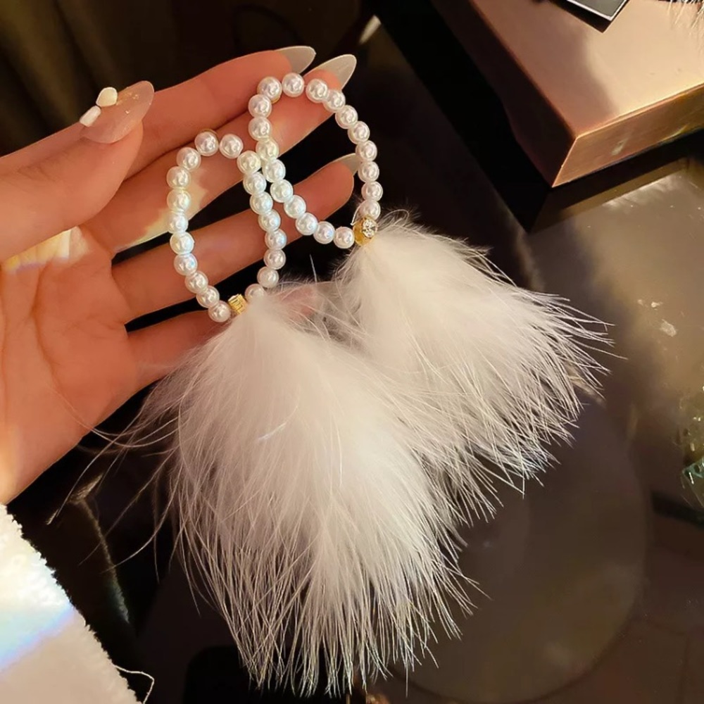 Pearl Hoop Earrings with White Feather Tassels